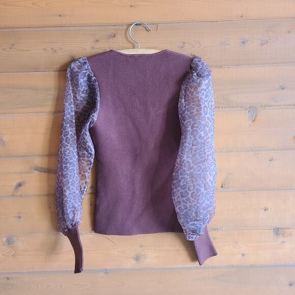 Anthropologie Sweater Top Dolan Puff-Sleeve Brown Motif Leopard NWT XXS Blouse - Picture 3 of 5